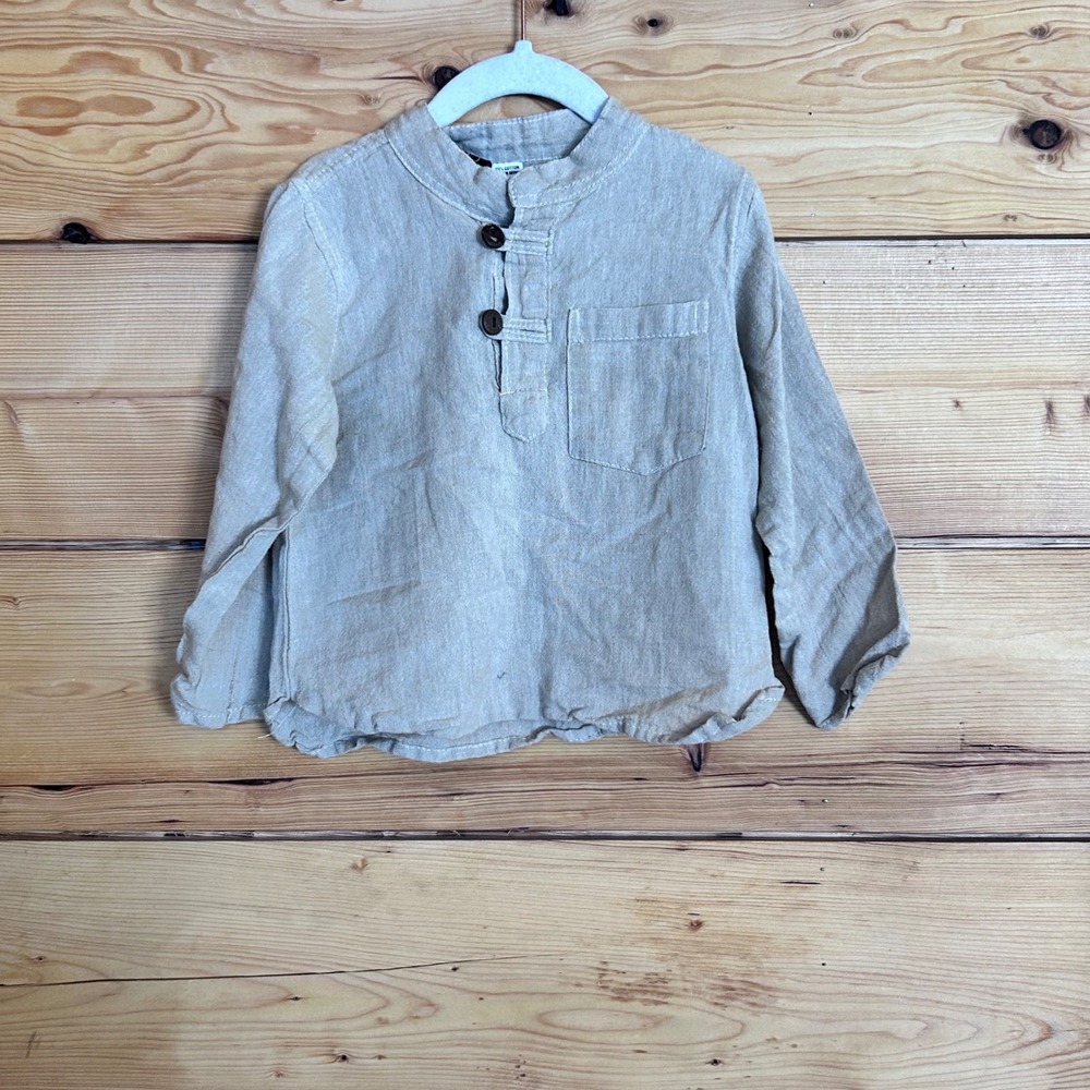 Henley Shirt Boys Medium Oatmeal Beige Linen Look Cotton‎ Grandad Collar Red Bag